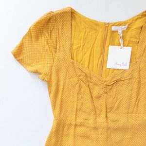 Honey Belle Mustard Yellow Polka Dots Fit and Flare Cap Sleeves Dress, NWT, S